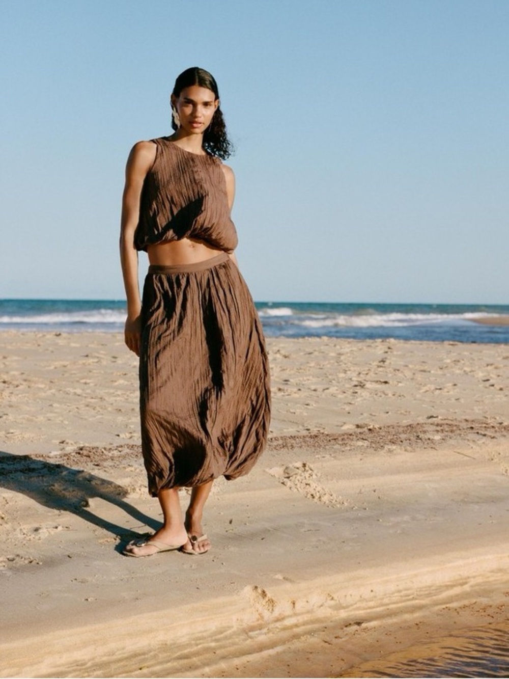 Zara wrinkled effect satin finish balloon bubble hem brown midi skirt sz.M - Picture 4 of 16